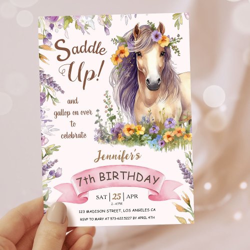 Girls Horse 7th Birthday Purple Floral Saddle Up Invitation