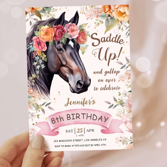 Girls Horse 8th Birthday Pink Cowgirl Saddle Up Invitation (Creator Uploaded)