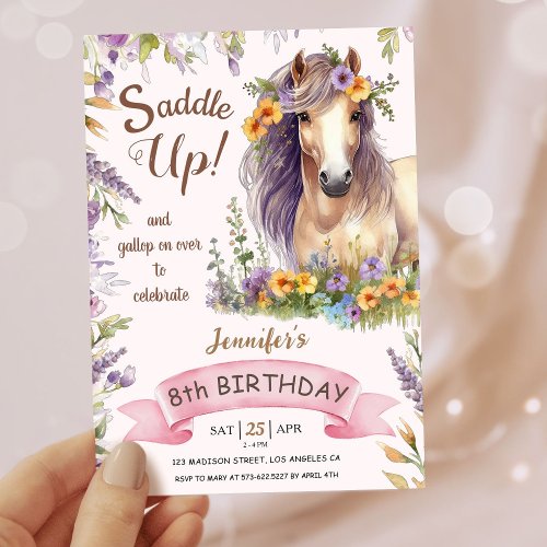 Girls Horse 8th Birthday Purple Floral Saddle Up Invitation