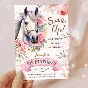 Girls Horse 9th Birthday Bloom Flowers Saddle Up! Invitation