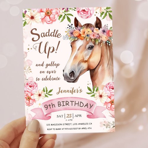 Girls Horse 9th Birthday Floral Saddle Up Invitation