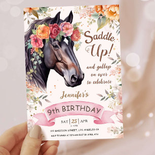 Girls Horse 9th Birthday Pink Cowgirl Saddle Up Invitation