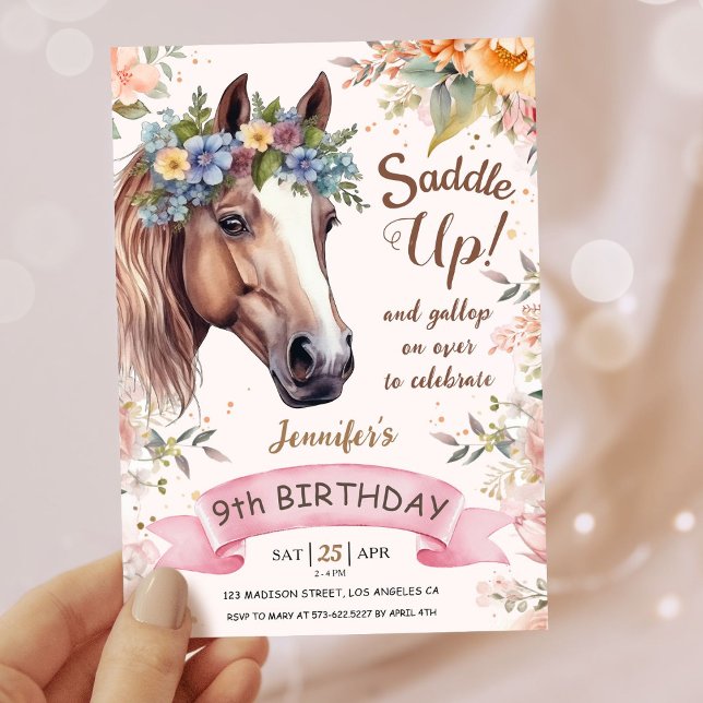 Girls Horse 9th Birthday Pink Floral Saddle Up   Invitation (Creator Uploaded)