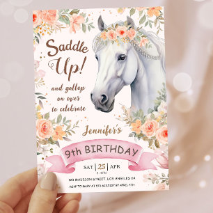 Girls Horse 9th Birthday Pink Floral Saddle Up Invitation