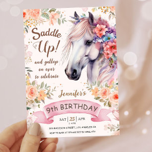Girls Horse 9th Birthday Pink Flowers Saddle Up!  Invitation