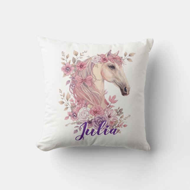 Girls Horse Pony Pastel Floral Throw Pillow (Front)