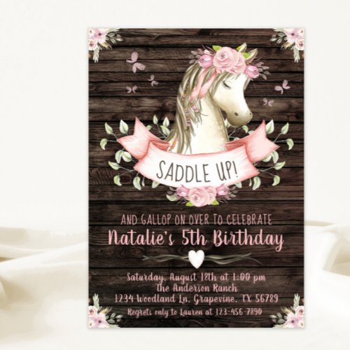 Girls Horse Rustic Wood Pink Floral Birthday Party Invitation