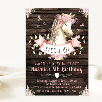 Girls Horse Rustic Wood Pink Floral Birthday Party Invitation by InvitationCentral at Zazzle