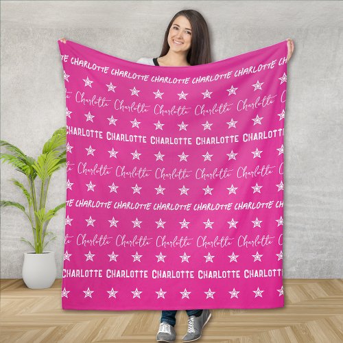 Girls Hot Pink Monogram Pattern Stars Fleece Blanket