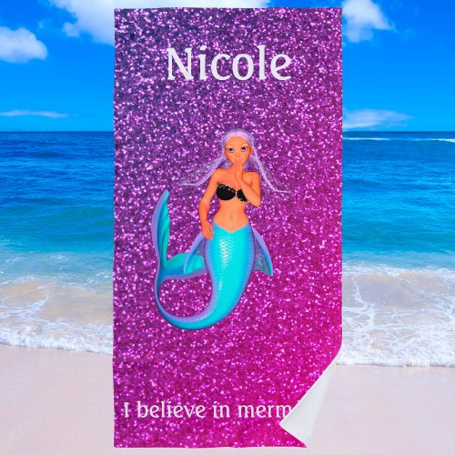 Girls I Believe in Mermaids Personalized Beach Towel