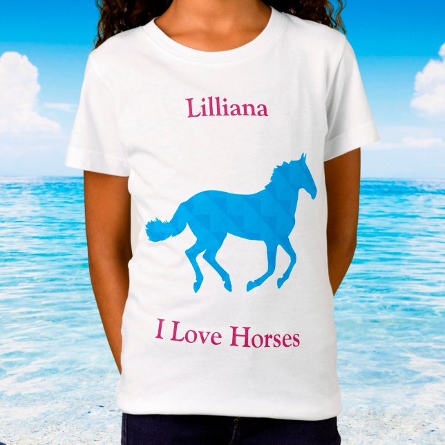 Girls "I Love Horses" Blue Horse T-Shirt (Creator Uploaded)