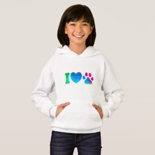 Girls' I Love Pets Heart Hoodie  Cute Colorful Paw