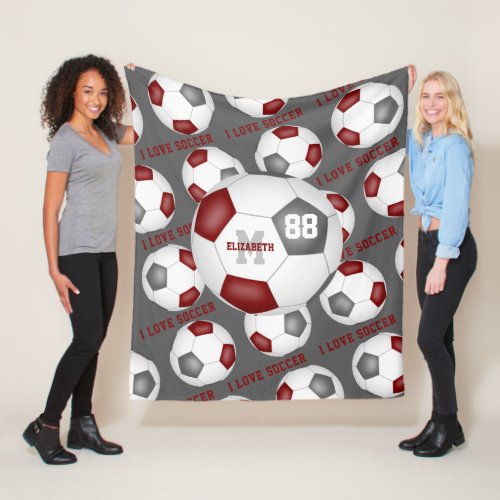 Girls I love soccer sports mantra maroon gray  Fleece Blanket