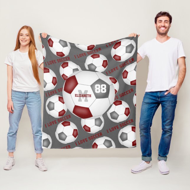 Girls I love soccer sports mantra maroon gray  Fleece Blanket (In Situ)