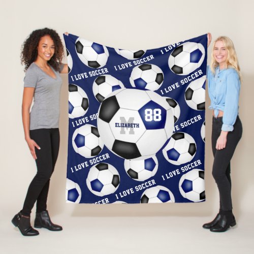 girls I love soccer text blue black Fleece Blanket