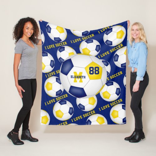 girls I love soccer text blue gold black Fleece Blanket