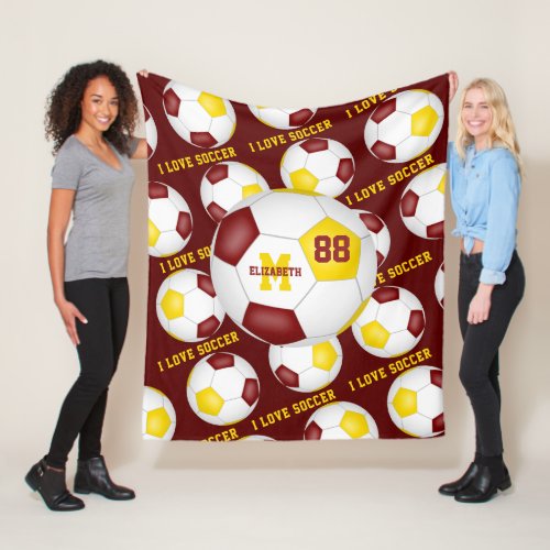 girls I love soccer text maroon gold Fleece Blanket