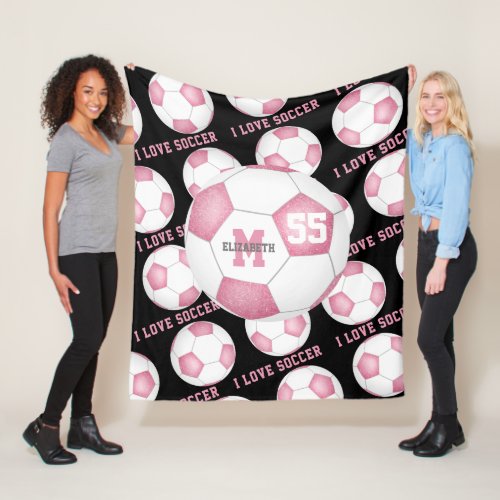 girls I love soccer text pink white black Fleece Blanket