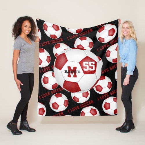 girls I love soccer text red white black Fleece Blanket