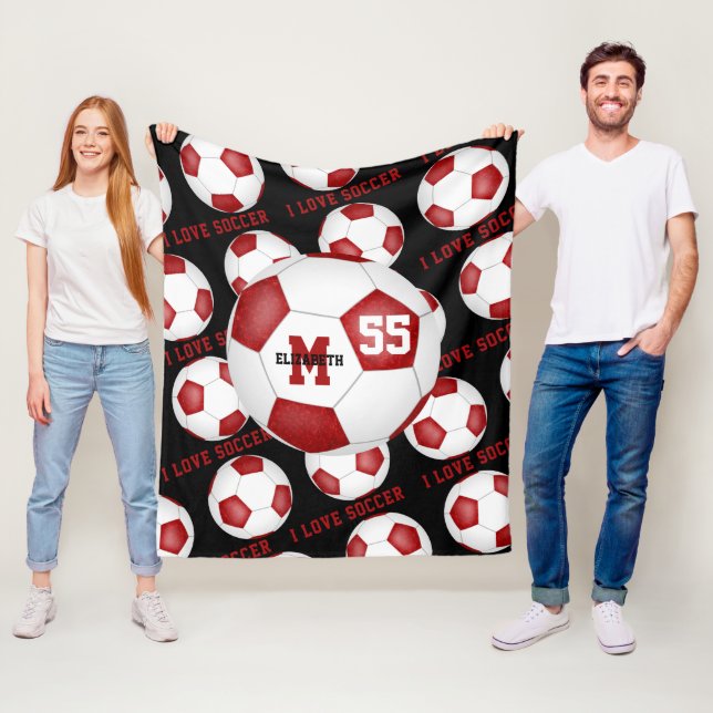 girls I love soccer text red white black Fleece Blanket (In Situ)