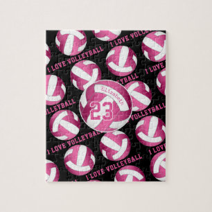 girls I love volleyball bright pink personalized Jigsaw Puzzle