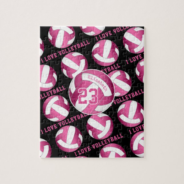 girls I love volleyball bright pink personalized Jigsaw Puzzle (Vertical)
