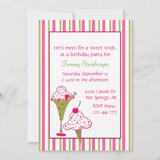 Girl's Ice Cream Birthday Party Invitation (Front)