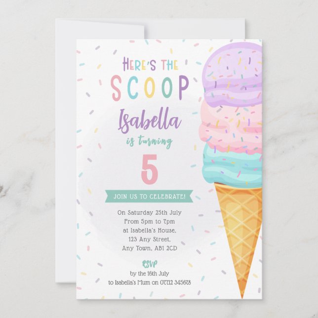 Girls Ice Cream Cone Invite - Pink Purple Scoop (Front)