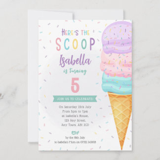 Girls Ice Cream Cone Invite - Pink Purple Scoop