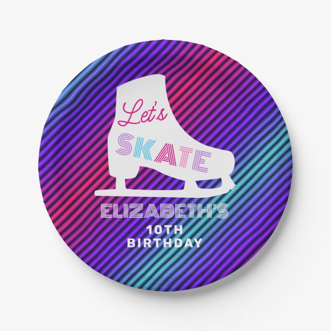Girls Ice Skating Birthday Neon  Paper Plates (Front)