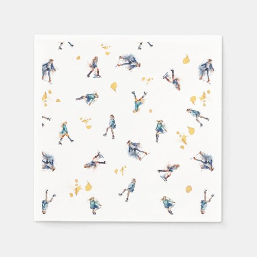 Girls Ice_Skating Hockey Blue Gold Birthday Party Napkins