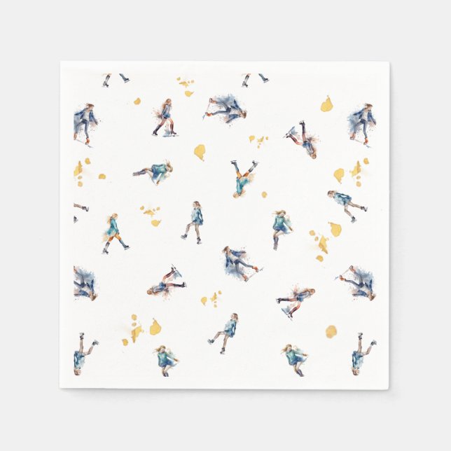 Girls Ice-Skating, Hockey Blue Gold Birthday Party Napkins (Front)