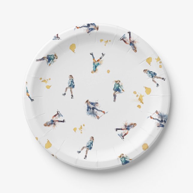 Girls Ice-Skating, Hockey Blue Gold Birthday Party Paper Plates (Front)