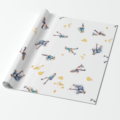 Girls Ice_Skating Hockey Blue Gold Pattern Wrapping Paper