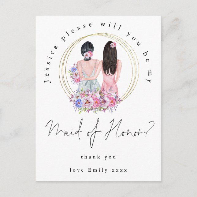 Girls Illustration Be My Maid of Honor Script  Invitation Postcard (Front)
