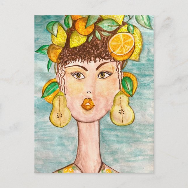 Girl's Illustration with Fruit on Her Head Postcard (Front)