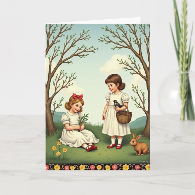 Girls In Garden Scene Springtime Card (Front)