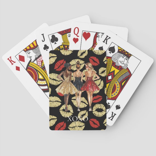 Girls in Glam Gold Black Red Dresses Lips Kiss Poker Cards (Back)