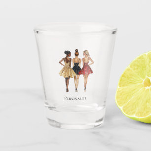 Girls in Glam Gold Black Red Dresses Shot Glass
