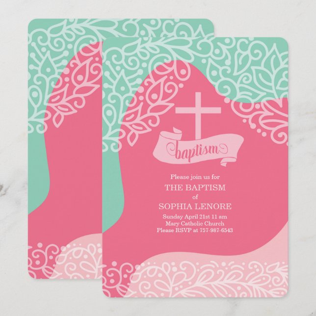 Girls in Pink and Sea Green with Cross Baptism Invitation (Front/Back)