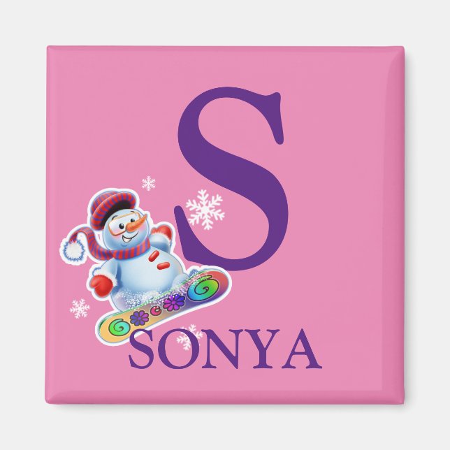 Girl's initial Snowboarding snowman fridge magnet (Front)