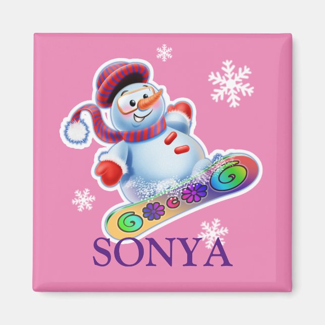 Girl's initial Snowboarding snowman fridge magnet (Front)