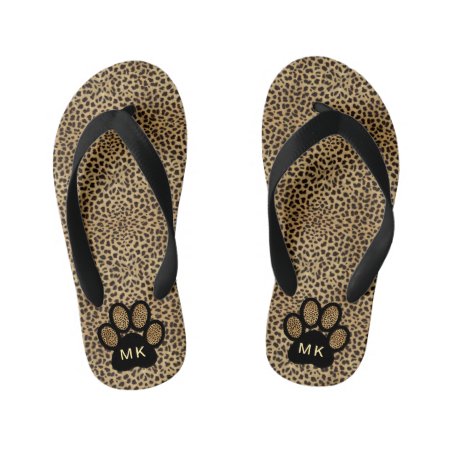 Girls Initials On Cheetah Animal Print Cat Paw Kid's Flip Flops