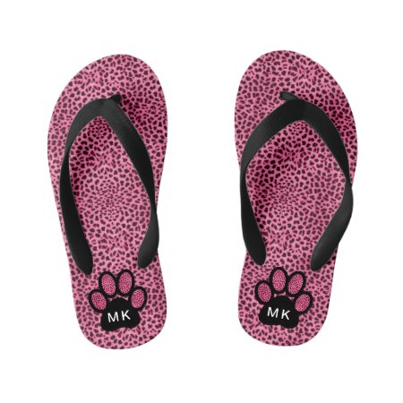 Girls Initials On Pink Cheetah Cat Paw Print Kid's Flip Flops