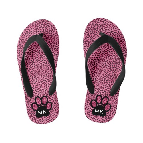 Girls Initials on Pink Cheetah Cat Paw Print Kids Flip Flops