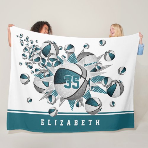 girls jersey number basketballs stars teal gray fleece blanket