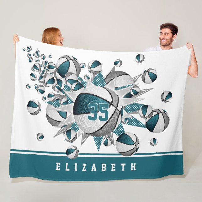 girls jersey number basketballs stars teal gray fleece blanket (In Situ)