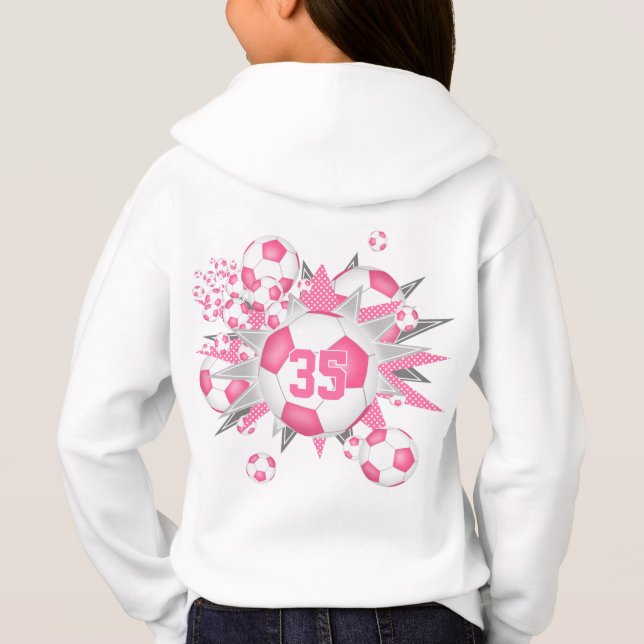 Girls jersey number fun soccer balls stars pink  hoodie (Back)