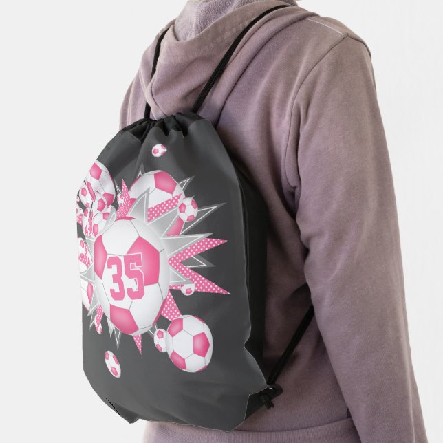 girls jersey number on pink soccer ball blowout  drawstring bag (Insitu)