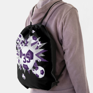 Girls jersey number purple soccer ball blowout  drawstring bag